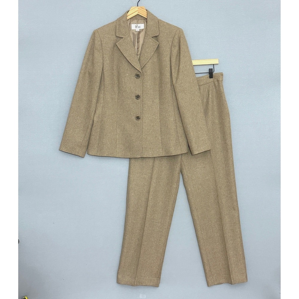 Le Suit Womens 12 Tan Herringbone 2 Pc Pant Blazer Corporate Professional Power